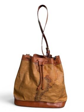Alviero Martini Classic World Leather Drawstring Bucket Bag in Tan and Brown EUC